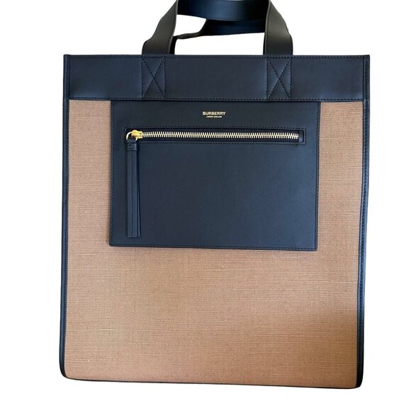 Burberry 8093452 Camel Fabric and Black leather Tote Bag - Picture 1 of 15